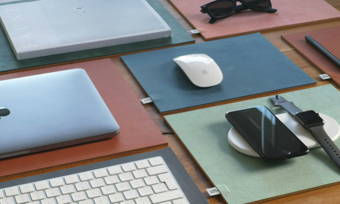 Elegant leather accessories for designers on wooden desk by HappyPatina