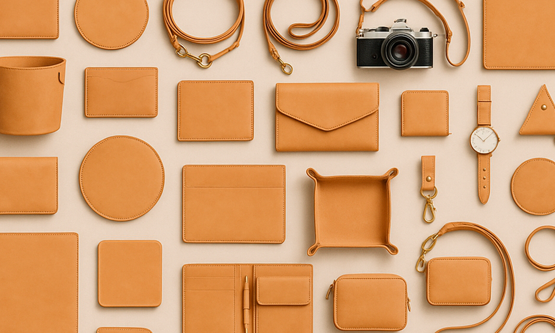 Collection of timeless leather gifts with natural tones and soft light by HappyPatina