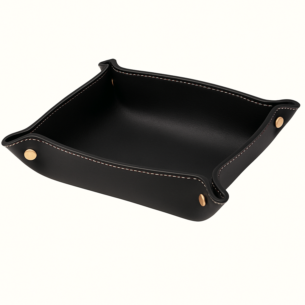 Handmade natural veg-tan black leather catch-all valet tray by Happy Patina