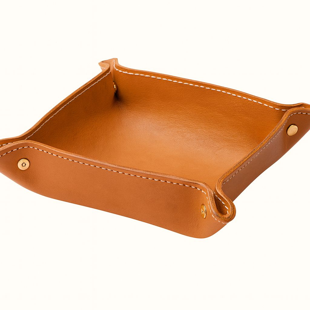 Handmade natural veg-tan tanned leather catch-all valet tray by Happy Patina