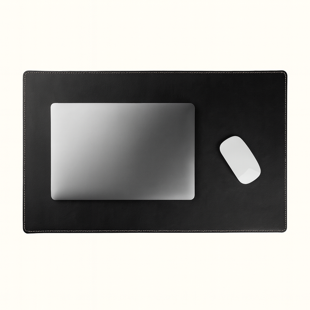 Leather desk pad crafted in natural vegetable‑tanned black leather by Happy Patina