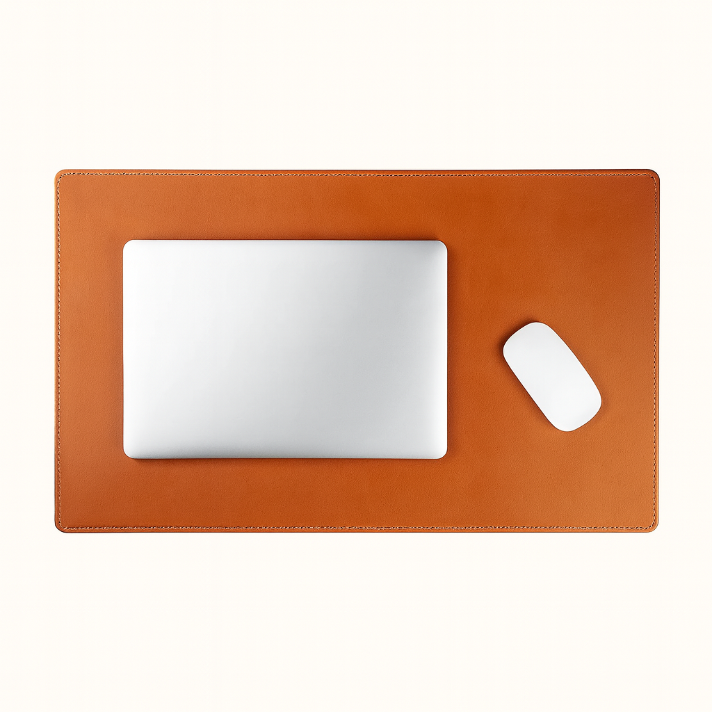 Leather desk pad crafted in natural vegetable‑tanned tan brown leather by Happy Patina
