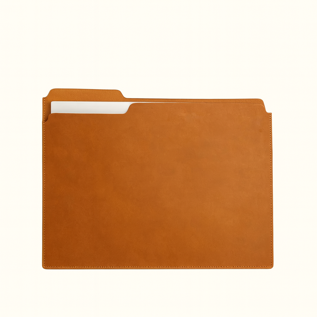 Leather folder in natural vegetable‑tanned tan brown leather by Happy Patina