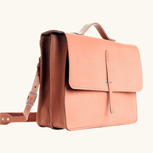Messenger leather satchel handcrafted in natural veg-tan leather by Happy Patina