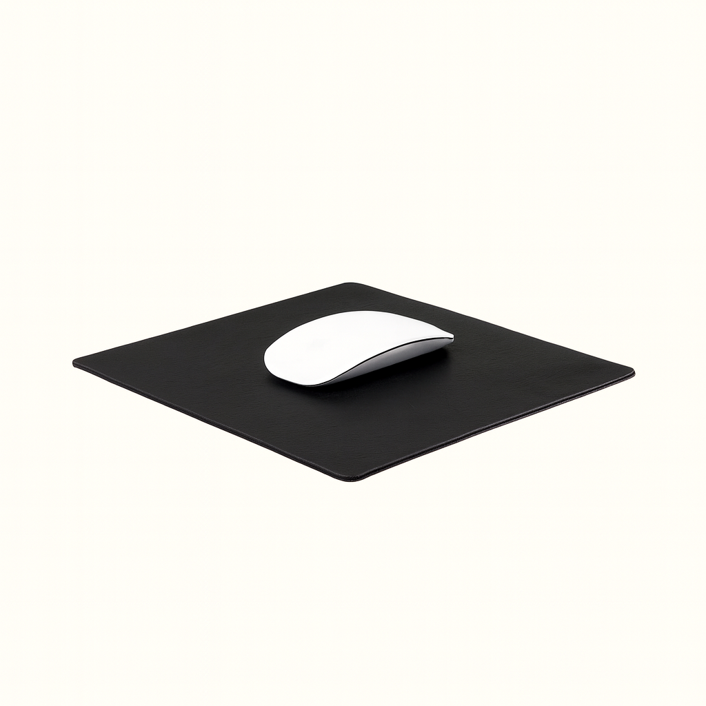 Square black leather mousepad in natural veg‑tan by Happy Patina