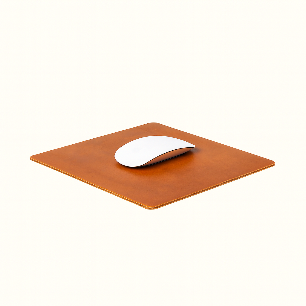 Square tanned brown leather mousepad in natural veg‑tan by Happy Patina