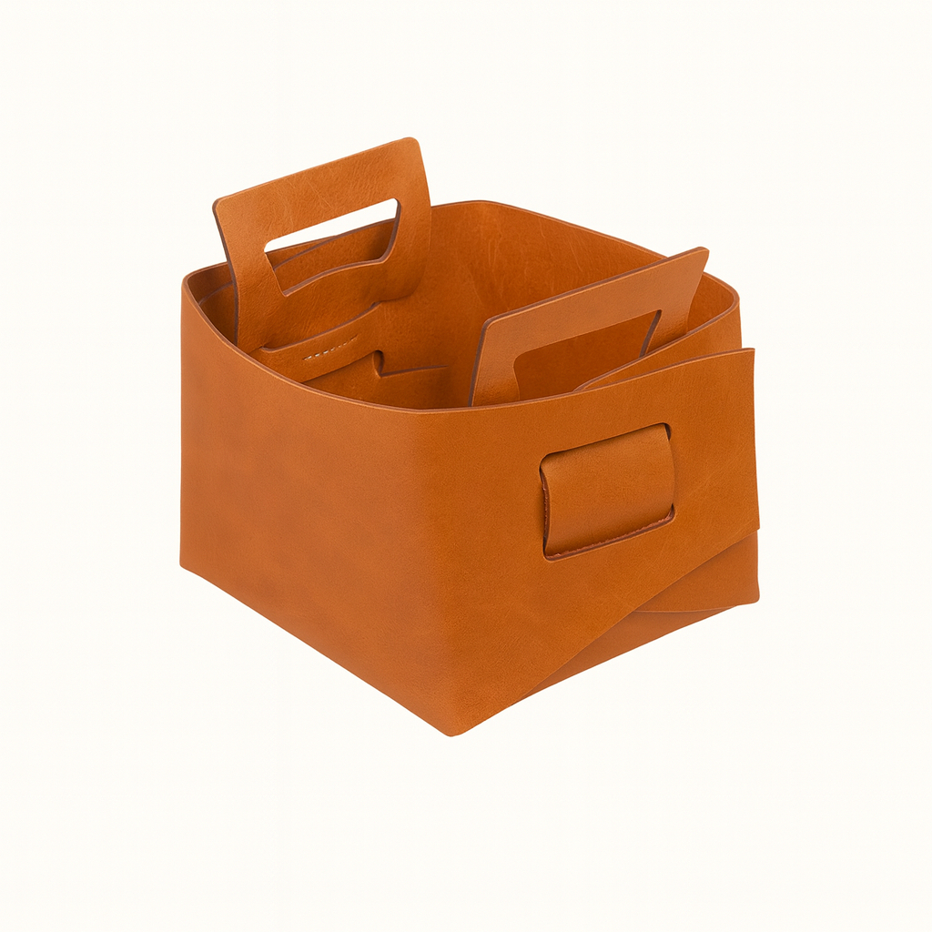 Handmade small vegetable-tanned Tan leather storage bucket bin by Happy Patina