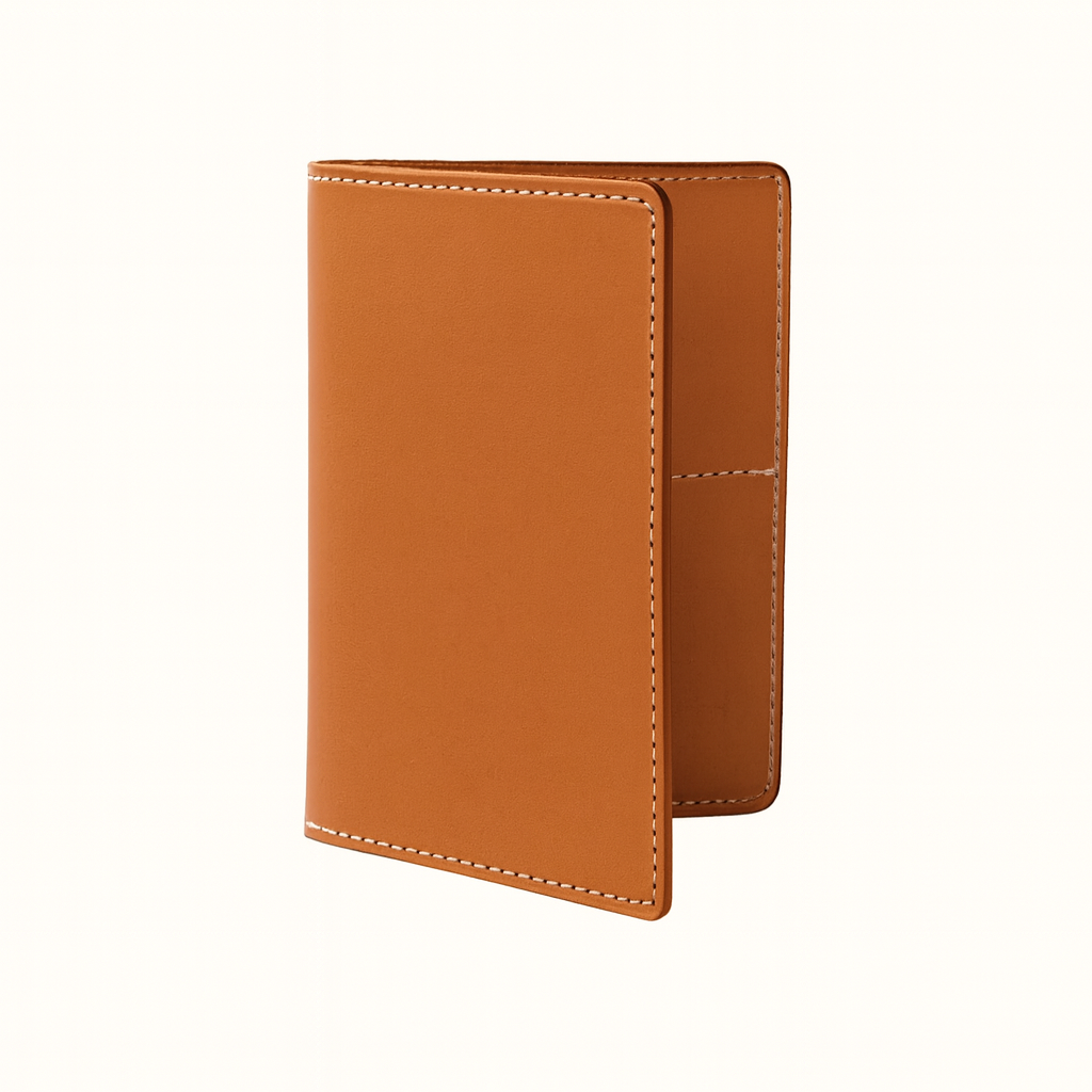 Travel wallet handcrafted in natural veg‑tan tanned leather by Happy Patina