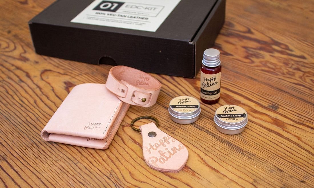 Leather wallet and tray gift set by HappyPatina presented in natural light and kraft box