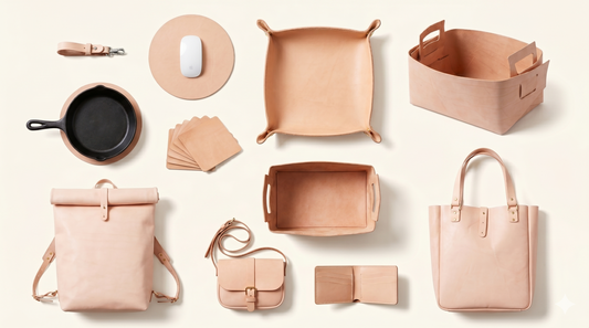 Collection of timeless leather gifts with natural tones and soft light by HappyPatina
