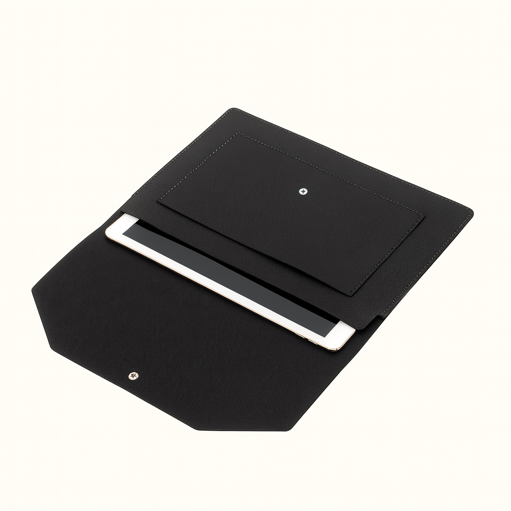 Natural veg‑tan black leather carry folio by Happy Patina