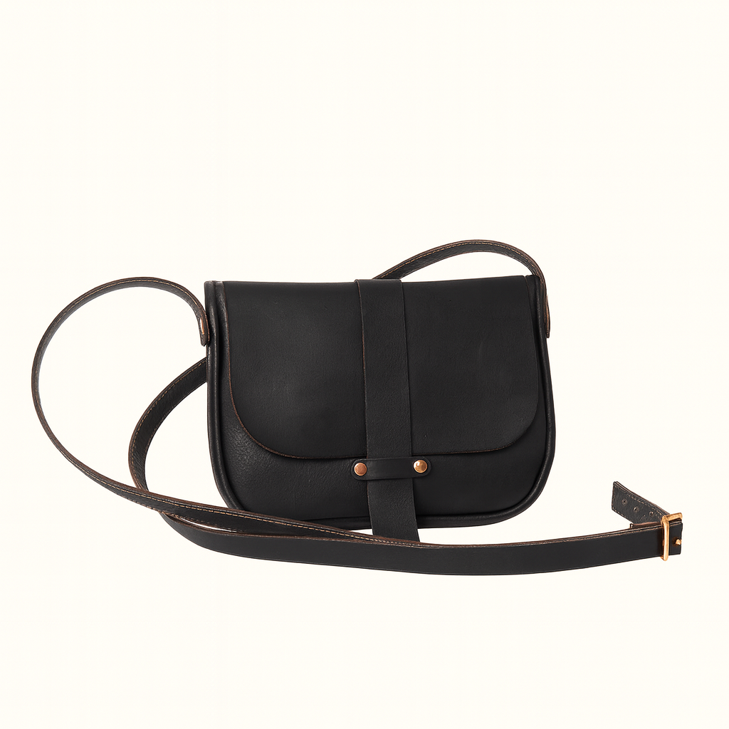 Chloe crossbody bag handcrafted in natural veg-tan black leather by Happy Patina