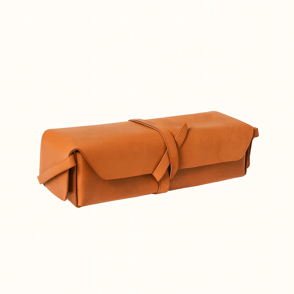 Dopp Kit toiletry bag crafted in natural veg-tan tanned leather by Happy Patina
