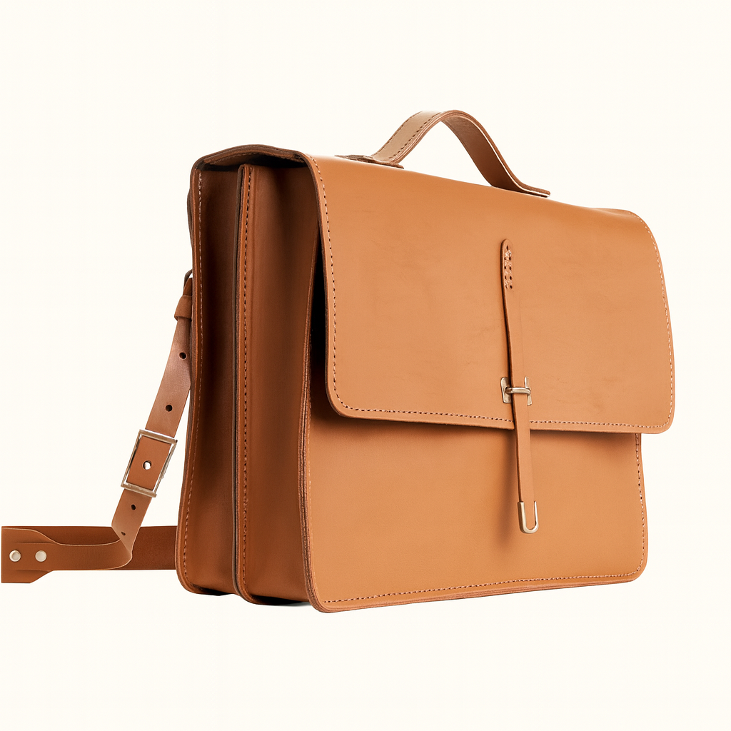 Messenger leather satchel handcrafted in natural veg-tan tanned leather by Happy Patina