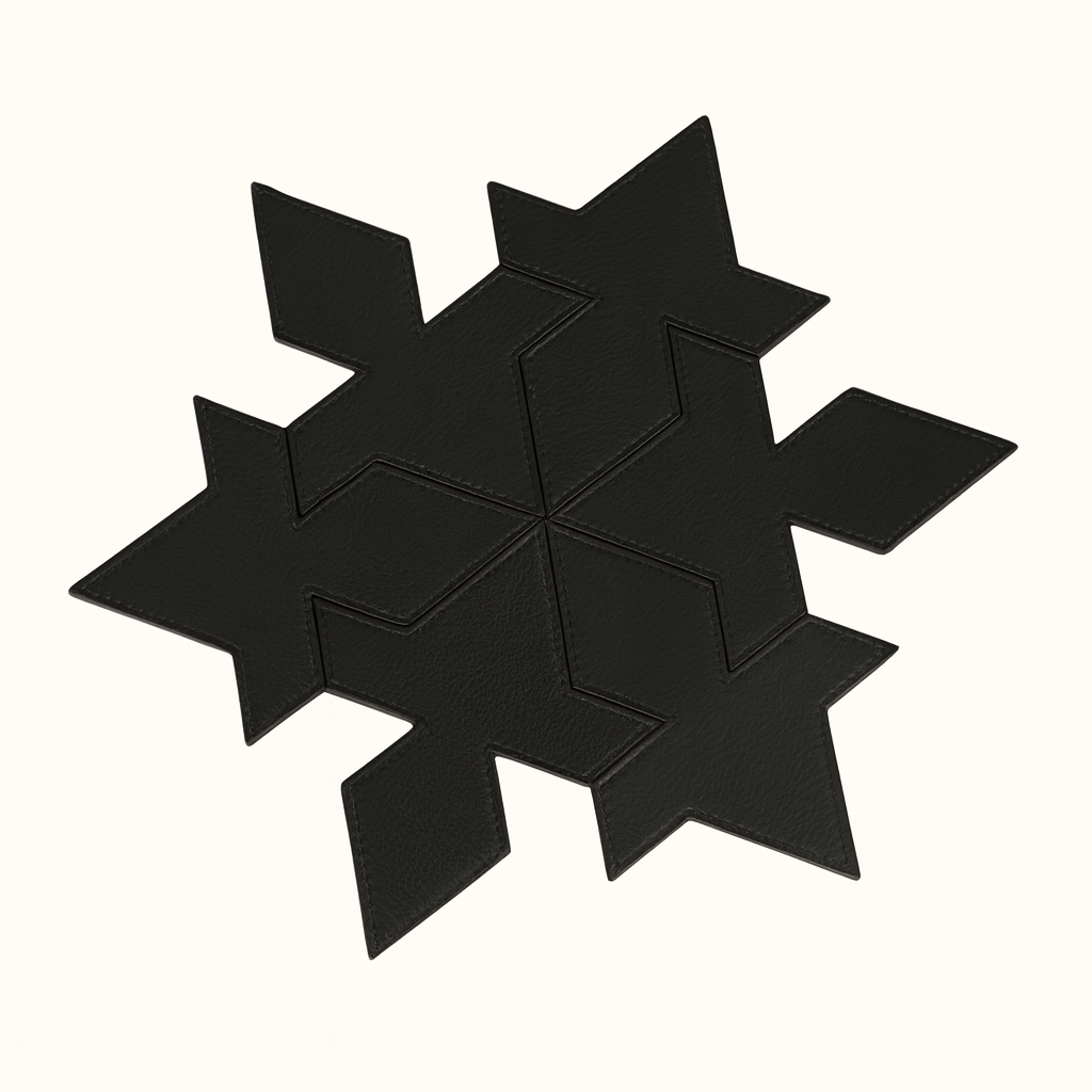 Puzzle tesselation leather coaster set – natural veg-tan black leather handcrafted by Happy Patina