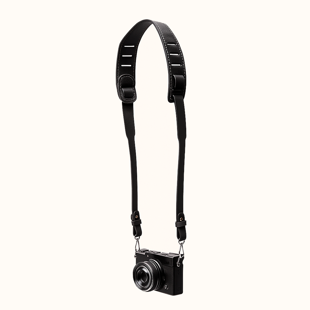 Handcrafted natural vegetable-tanned black leather SLR camera strap with brass hardware by Happy Patina