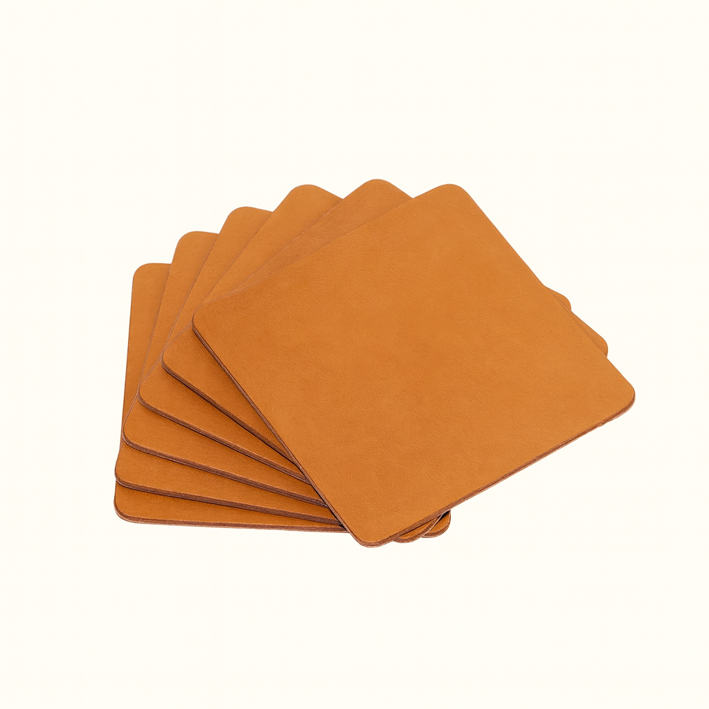 Handcrafted natural vegetable-tanned Tan leather square coaster set by Happy Patina