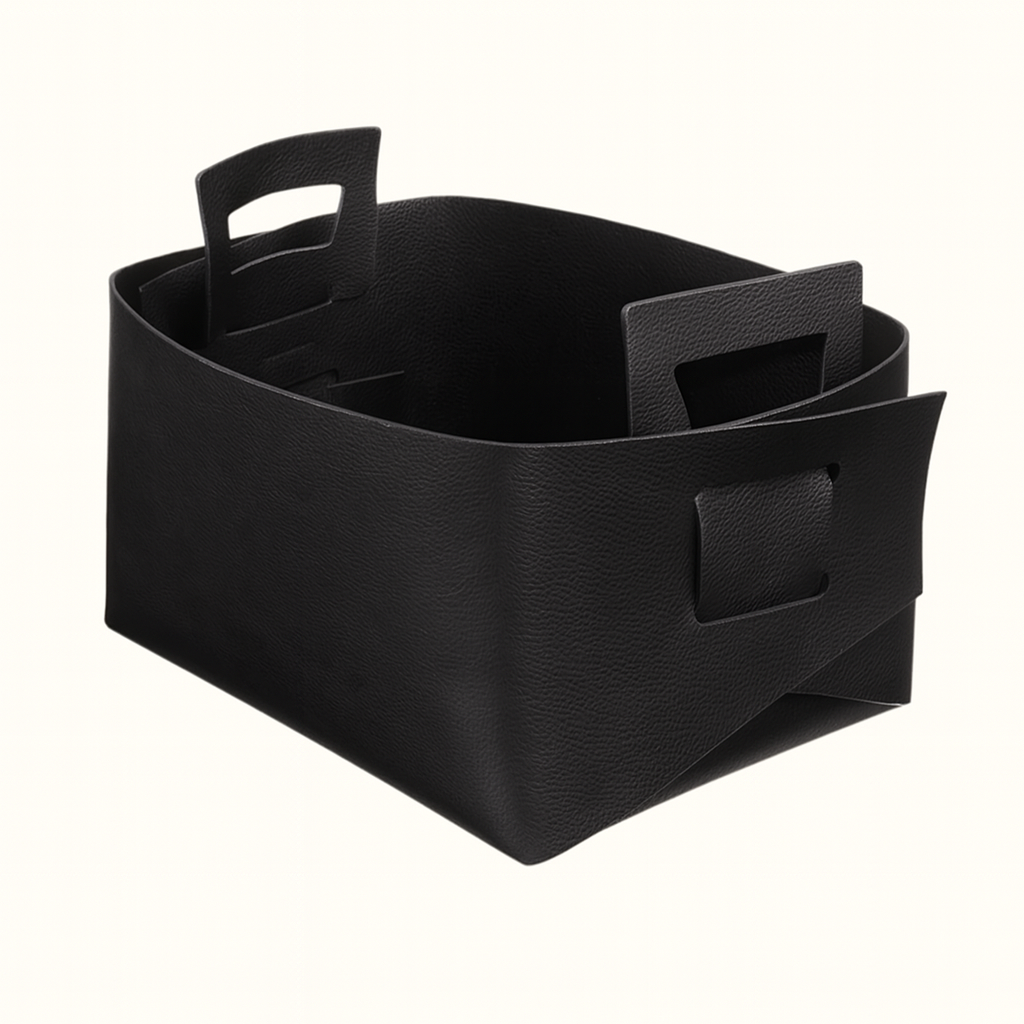 Handmade large vegetable-tanned black leather storage bucket bin by Happy Patina