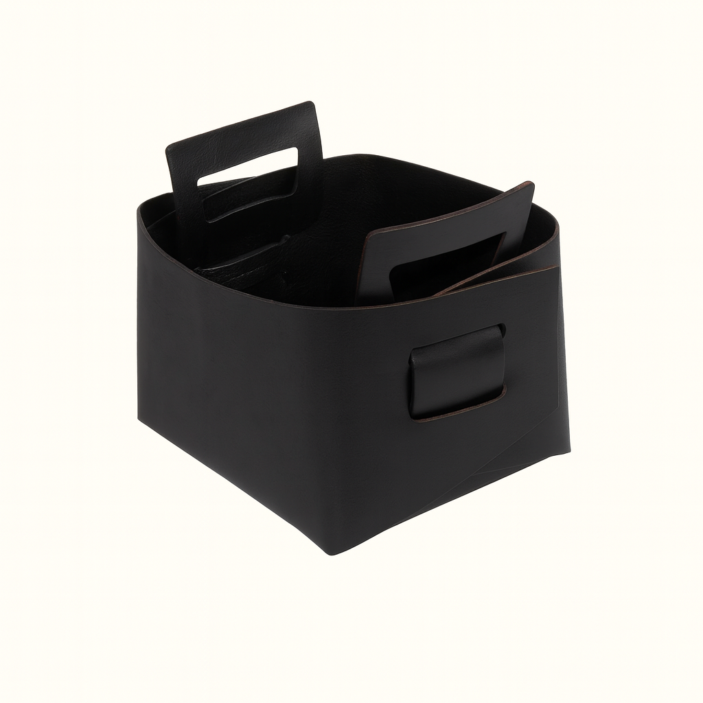 Handmade small vegetable-tanned black leather storage bucket bin by Happy Patina