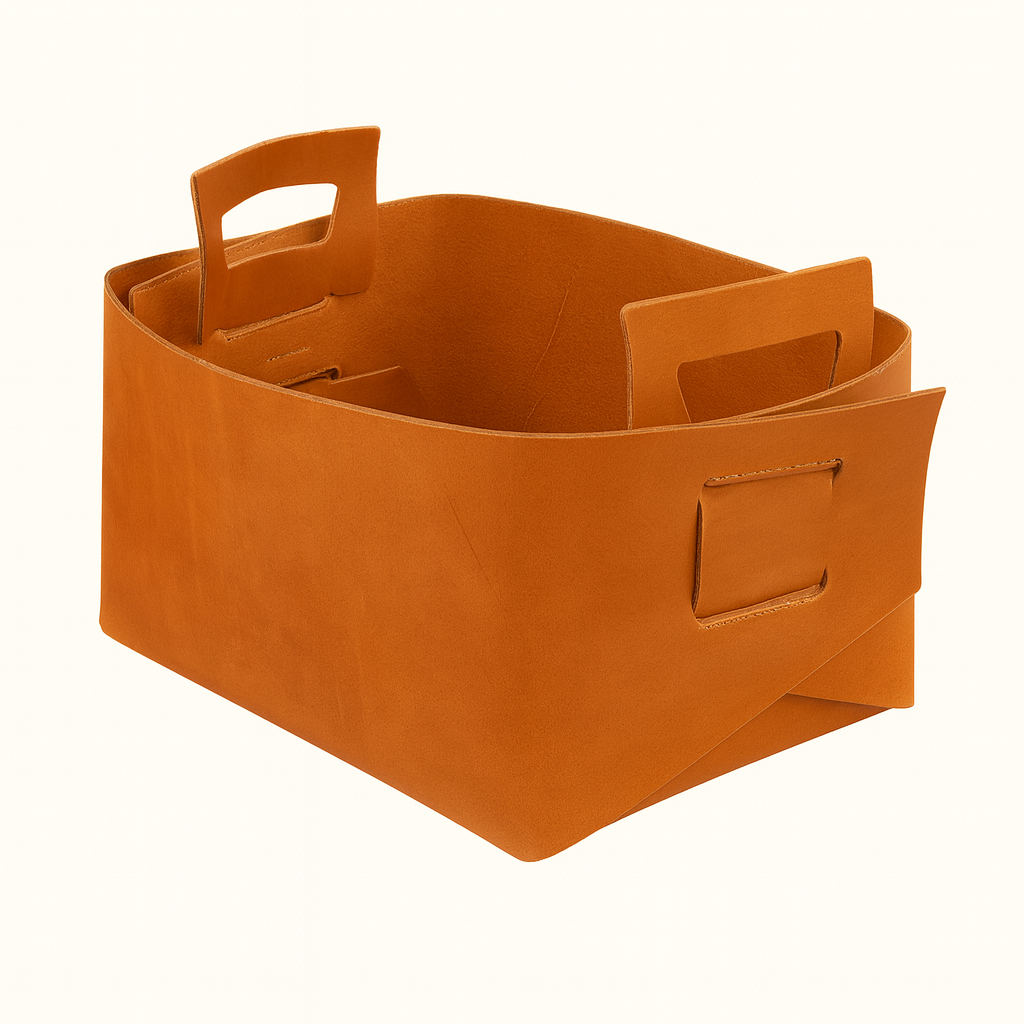 Handmade tan color large vegetable-tanned leather storage bucket bin by Happy Patina