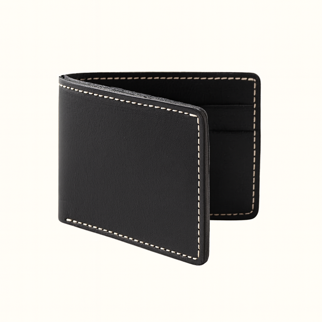 Bifold wallet crafted in natural veg-tan black leather by Happy Patina